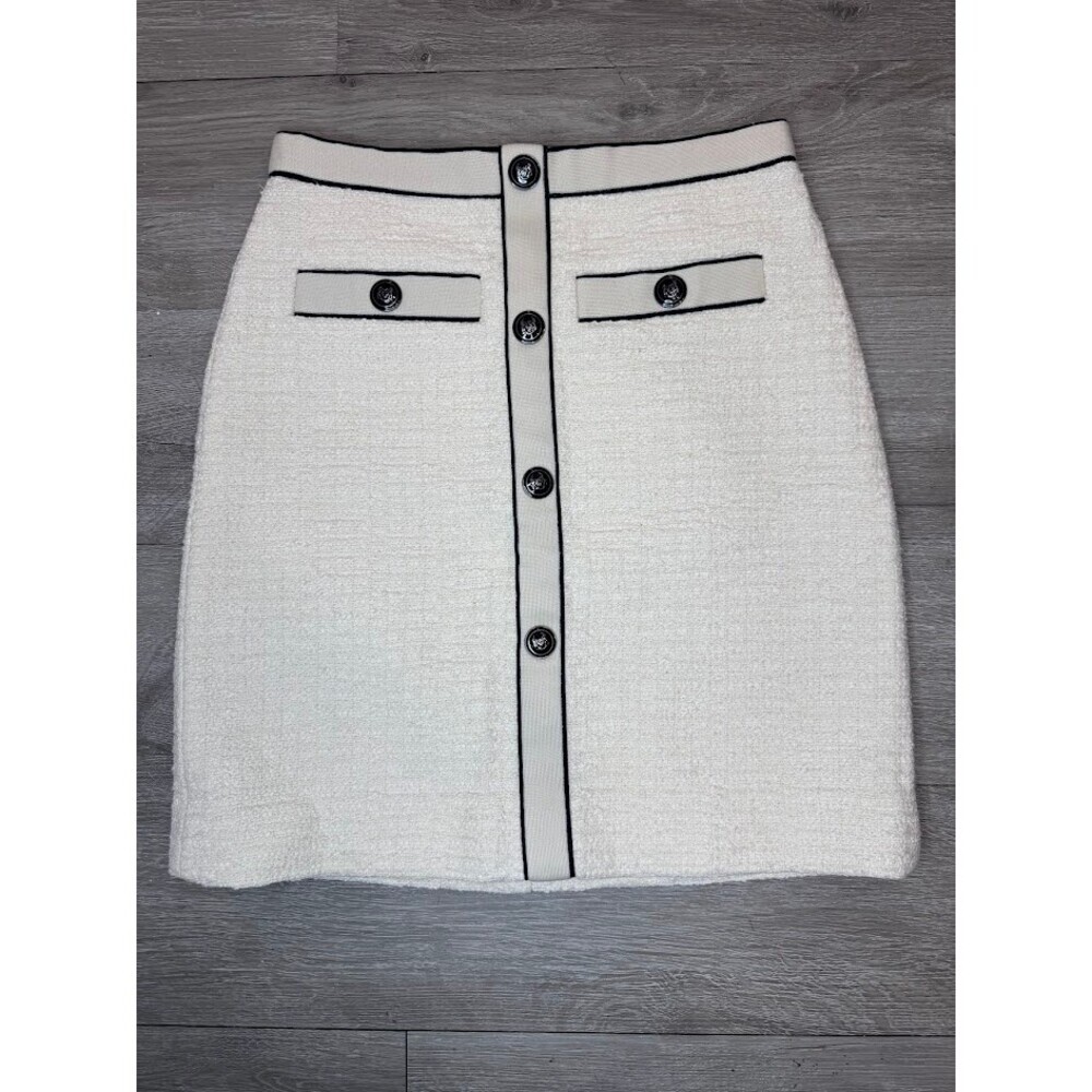 Boucle Mini Skirt Cream Black Trim Button Front Lined A-Line Women's Small FR 36